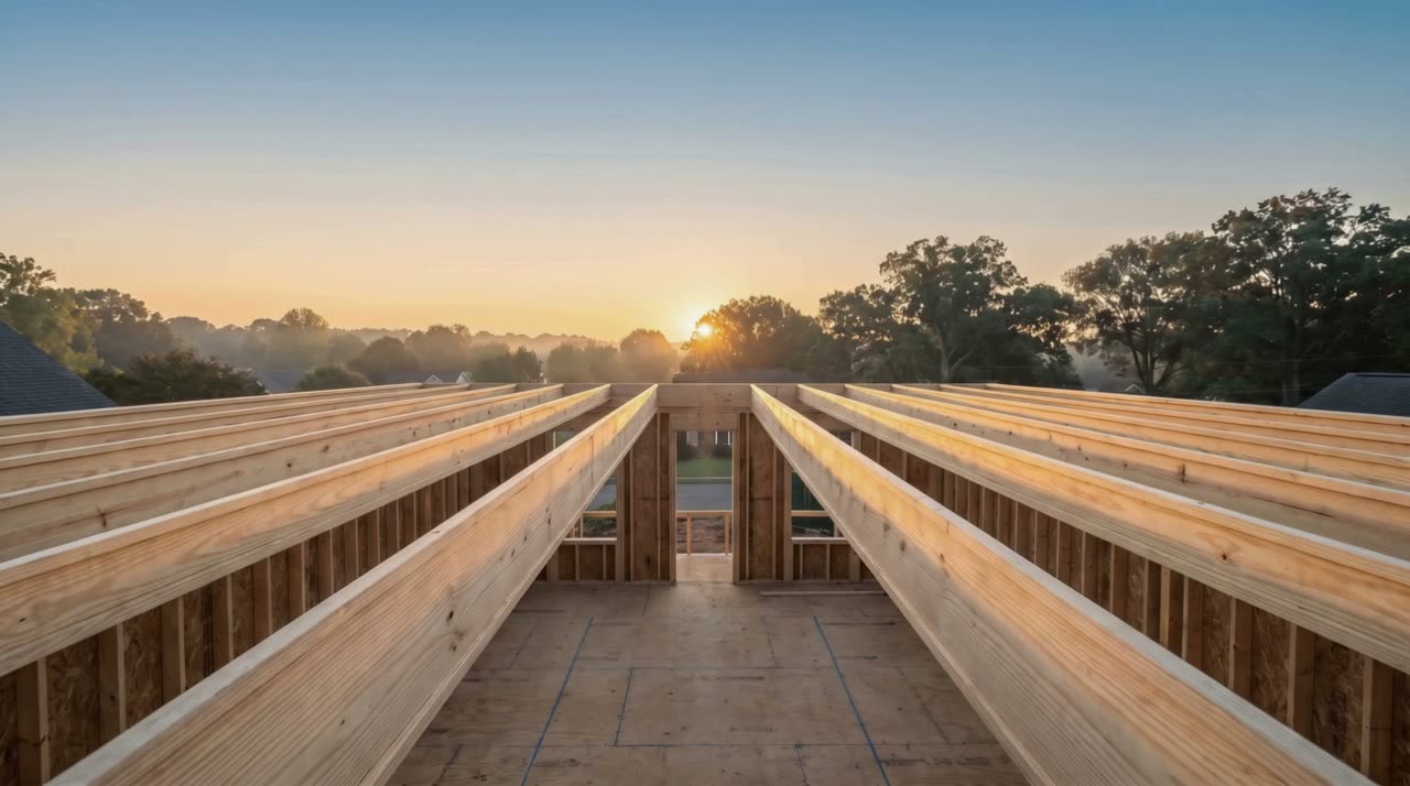 Illustration of open wood framing at golden hour