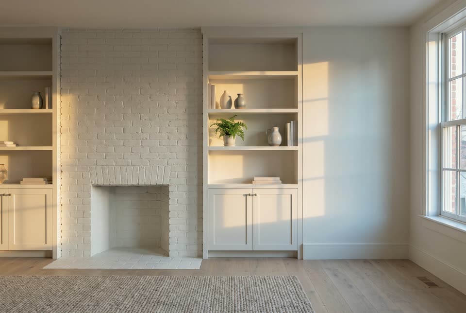 Illustration of painted built-in bookcases fitted flush against a smooth wall beside a painted brick fireplace