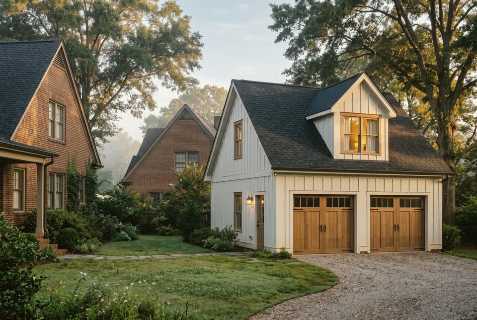 Illustration of a detached garage with an apartment above whose roofline matches the brick house behind it