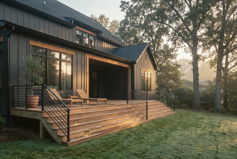 Illustration of a hardwood deck with black metal railings on the back of a modern craftsman house at sunrise